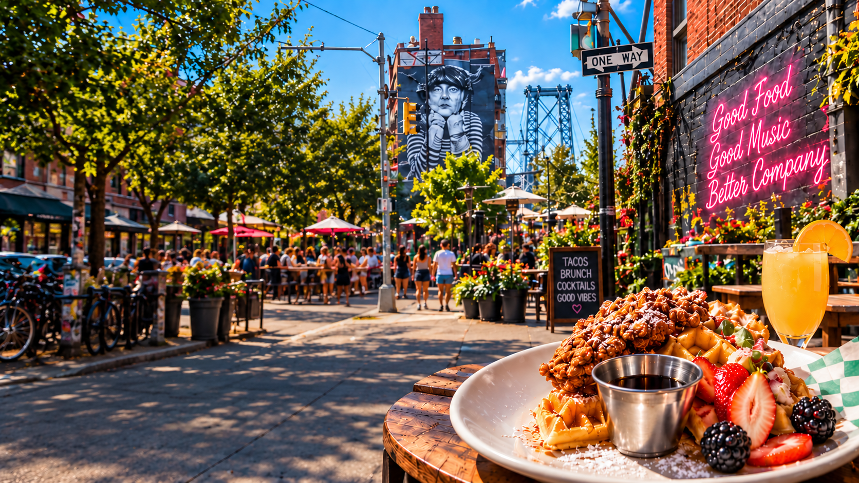Sunny Williamsburg brunch street scene in Brooklyn